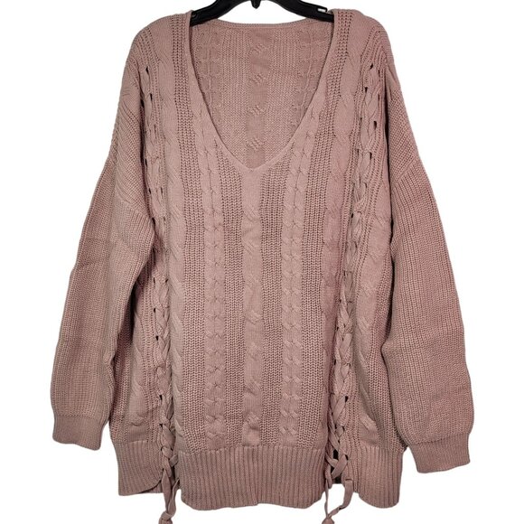 Cable-Knit Lace-Up Tunic Sweater V-Neck Long Sleeve Oversized Fit Pink X-Large - Picture 1 of 11